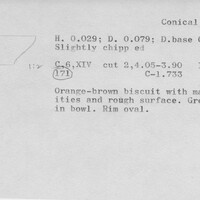 Index card with typed and handwritten information, sometimes including a sketch, of pottery from an excavation.