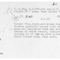 Index card with typed and handwritten information, sometimes including a sketch, of pottery from an excavation.