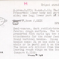 Index card with typed and handwritten information, sometimes including a sketch, of pottery from an excavation.