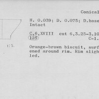 Index card with typed and handwritten information, sometimes including a sketch, of pottery from an excavation.