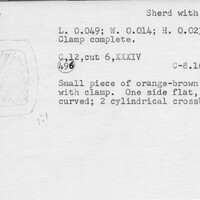 Index card with typed and handwritten information, sometimes including a sketch, of pottery from an excavation.