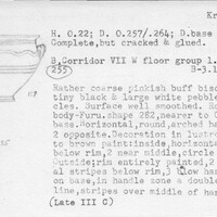Index card with typed and handwritten information, sometimes including a sketch, of pottery from an excavation.