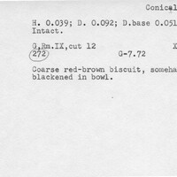 Index card with typed and handwritten information, sometimes including a sketch, of pottery from an excavation.