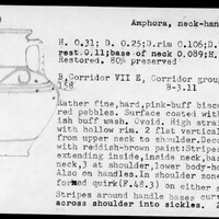 Index card with typed and handwritten information, sometimes including a sketch, of pottery from an excavation.