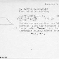 Index card with typed and handwritten information, sometimes including a sketch, of pottery from an excavation.