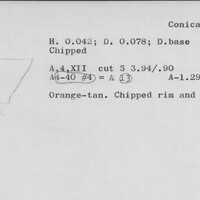 Index card with typed and handwritten information, sometimes including a sketch, of pottery from an excavation.