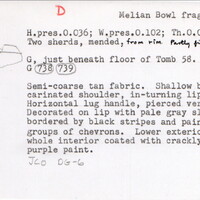 Index card with typed and handwritten information, sometimes including a sketch, of pottery from an excavation.