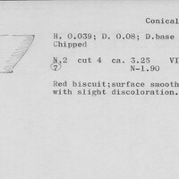 Index card with typed and handwritten information, sometimes including a sketch, of pottery from an excavation.