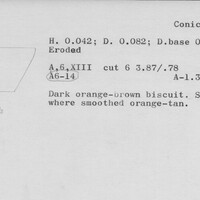 Index card with typed and handwritten information, sometimes including a sketch, of pottery from an excavation.