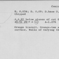 Index card with typed and handwritten information, sometimes including a sketch, of pottery from an excavation.