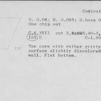 Index card with typed and handwritten information, sometimes including a sketch, of pottery from an excavation.
