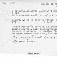 Index card with typed and handwritten information, sometimes including a sketch, of pottery from an excavation.