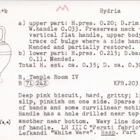 Index card with typed and handwritten information, sometimes including a sketch, of pottery from an excavation.
