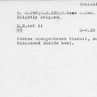 Index card with typed and handwritten information, sometimes including a sketch, of pottery from an excavation.