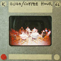 A vintage film strip with a scene of people sitting around a table, labeled "Coffee Hour" and numbered 66.