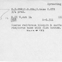 Index card with typed and handwritten information, sometimes including a sketch, of pottery from an excavation.