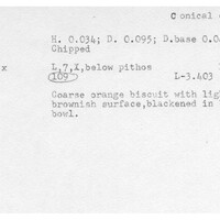 Index card with typed and handwritten information, sometimes including a sketch, of pottery from an excavation.