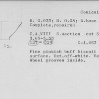Index card with typed and handwritten information, sometimes including a sketch, of pottery from an excavation.