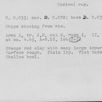 Index card with typed and handwritten information, sometimes including a sketch, of pottery from an excavation.