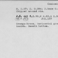 Index card with typed and handwritten information, sometimes including a sketch, of pottery from an excavation.