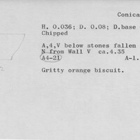 Index card with typed and handwritten information, sometimes including a sketch, of pottery from an excavation.