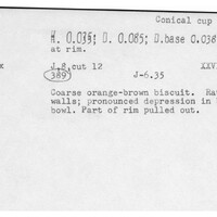 Index card with typed and handwritten information, sometimes including a sketch, of pottery from an excavation.