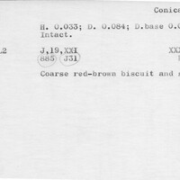 Index card with typed and handwritten information, sometimes including a sketch, of pottery from an excavation.
