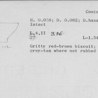 Index card with typed and handwritten information, sometimes including a sketch, of pottery from an excavation.