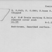 Index card with typed and handwritten information, sometimes including a sketch, of pottery from an excavation.