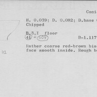 Index card with typed and handwritten information, sometimes including a sketch, of pottery from an excavation.
