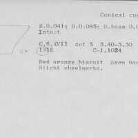 Index card with typed and handwritten information, sometimes including a sketch, of pottery from an excavation.