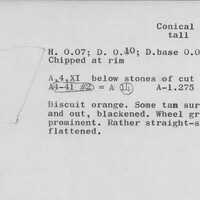 Index card with typed and handwritten information, sometimes including a sketch, of pottery from an excavation.