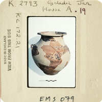 Ancient Greek vase with painted figures and patterns.