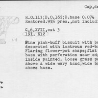 Index card with typed and handwritten information, sometimes including a sketch, of pottery from an excavation.