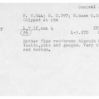 Index card with typed and handwritten information, sometimes including a sketch, of pottery from an excavation.