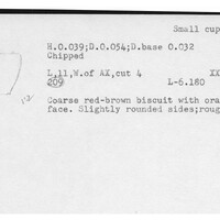 Index card with typed and handwritten information, sometimes including a sketch, of pottery from an excavation.