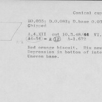 Index card with typed and handwritten information, sometimes including a sketch, of pottery from an excavation.