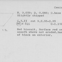 Index card with typed and handwritten information, sometimes including a sketch, of pottery from an excavation.