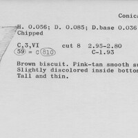 Index card with typed and handwritten information, sometimes including a sketch, of pottery from an excavation.