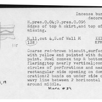 Index card with typed and handwritten information, sometimes including a sketch, of pottery from an excavation.