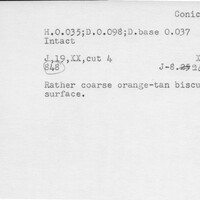 Index card with typed and handwritten information, sometimes including a sketch, of pottery from an excavation.