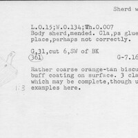 Index card with typed and handwritten information, sometimes including a sketch, of pottery from an excavation.