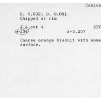Index card with typed and handwritten information, sometimes including a sketch, of pottery from an excavation.