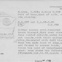 Index card with typed and handwritten information, sometimes including a sketch, of pottery from an excavation.