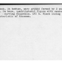 Index card with typed and handwritten information, sometimes including a sketch, of pottery from an excavation.