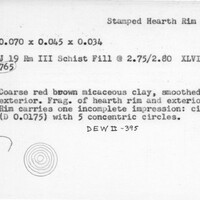 Index card with typed and handwritten information, sometimes including a sketch, of pottery from an excavation.