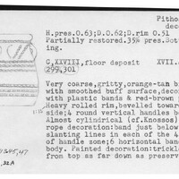 Index card with typed and handwritten information, sometimes including a sketch, of pottery from an excavation.