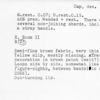 Index card with typed and handwritten information, sometimes including a sketch, of pottery from an excavation.