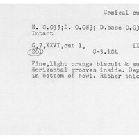 Index card with typed and handwritten information, sometimes including a sketch, of pottery from an excavation.