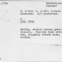 Index card with typed and handwritten information, sometimes including a sketch, of pottery from an excavation.